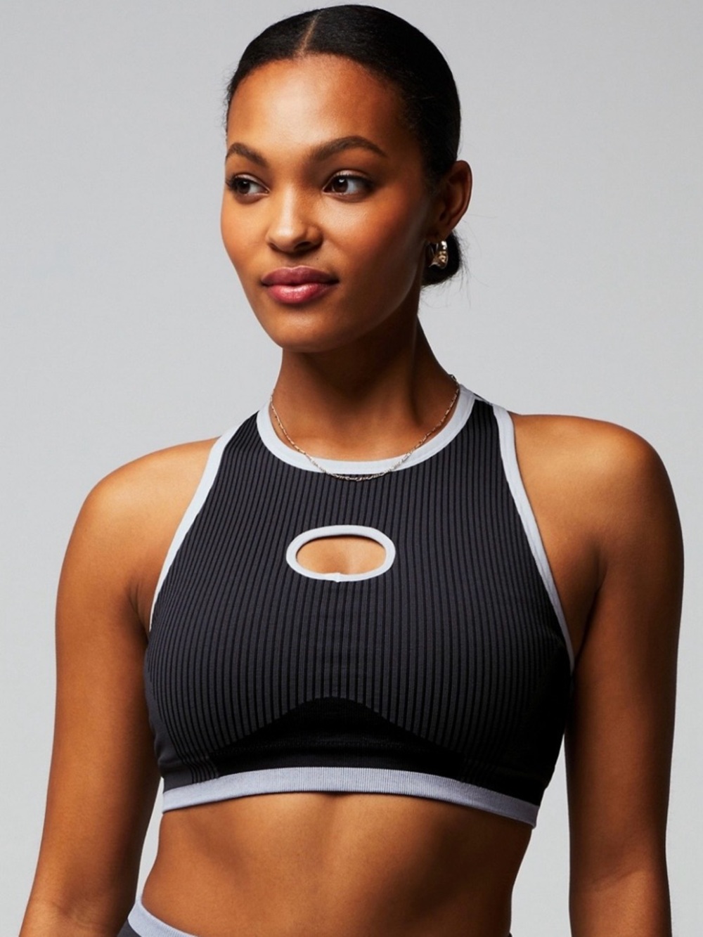 Fabletics Black Ribbed Cutout High-Neck Sports Bralette with White Trim
